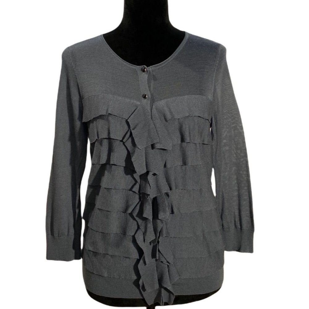 Ann Taylor S Cardigan Sweater Solid Dusty Blue Color Button Down Front 3/4 SLโ